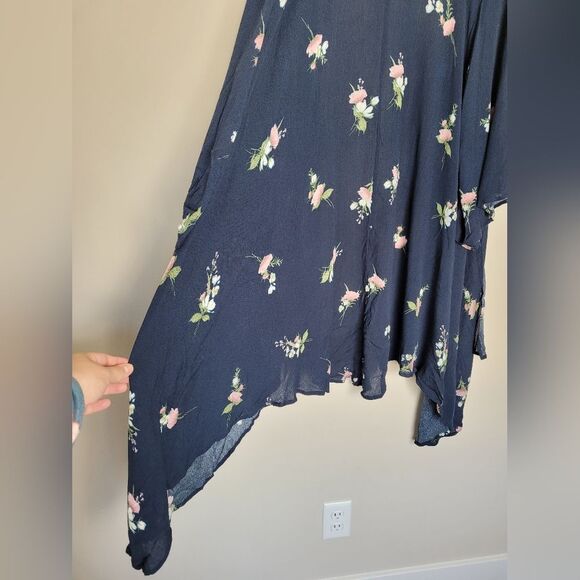 Hopely Navy Floral Kimono Duster Shrug Lightweight Bohemian Indie Gypsy Medium - Picture 8 of 12